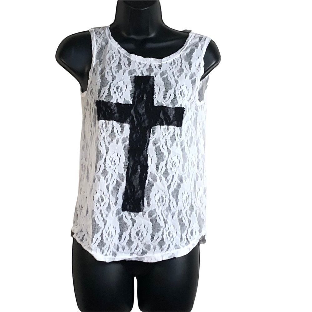 Elegant Moments Cross Black and White Lace Tank, Peep Design / See through OS